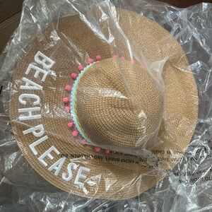 NWT tan straw big brim hat Pink, yellow, blue accents embroidered BEACH PLEASE